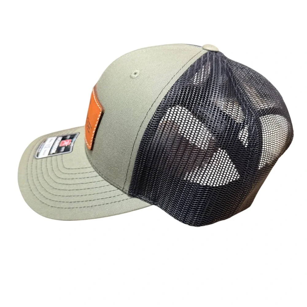 Lucchese Mens Trucker Hat Richardson 112 Leather Patch Sage Green Mesh Snapback